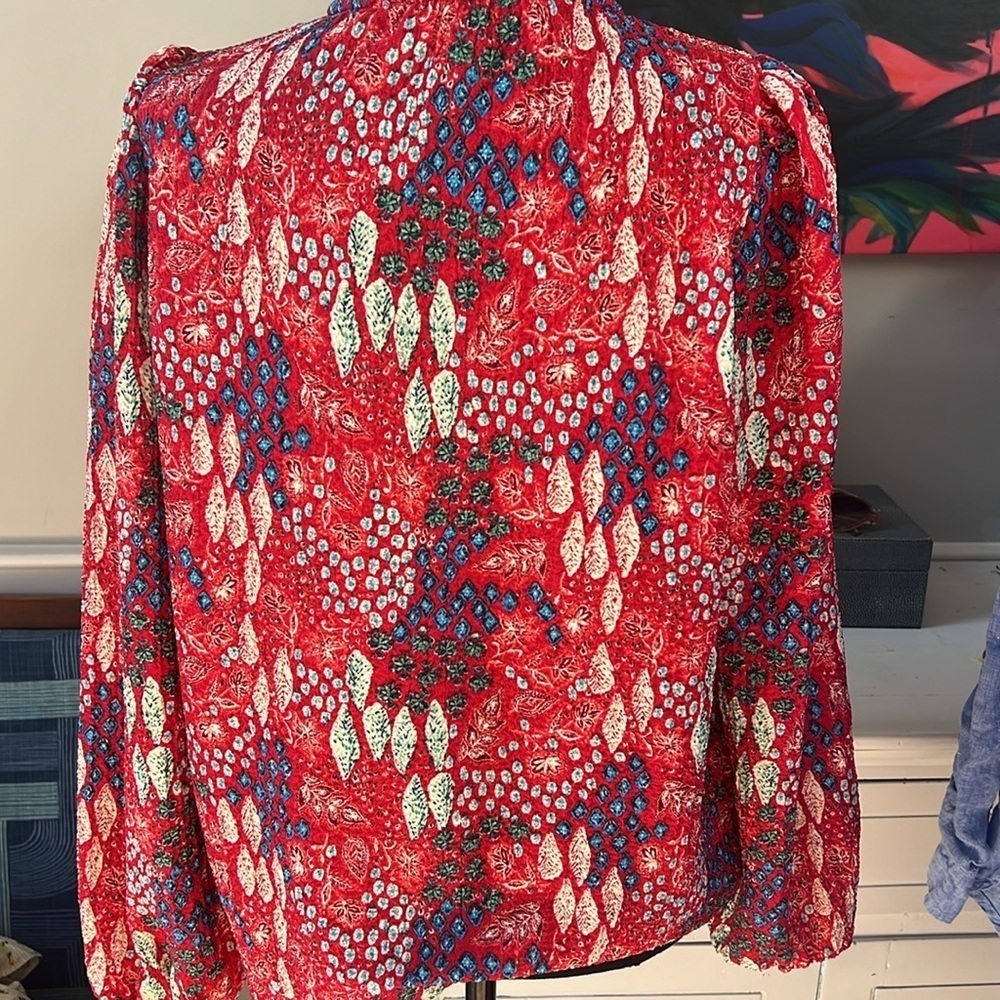 LOFT - MULTI-COLOR TIE NECK RUFFLE COLLAR BLOUSE - SIZE M - Picture 6 of 6